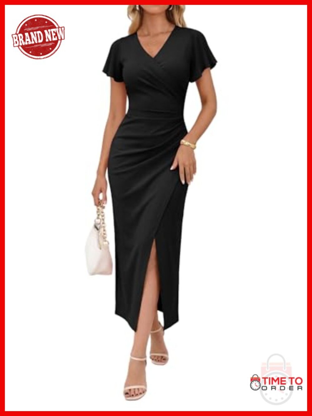 Ruffle Sleeve Faux Wrap V Neck Bodycon Ruched Side Slit Cocktail Wedding Guest